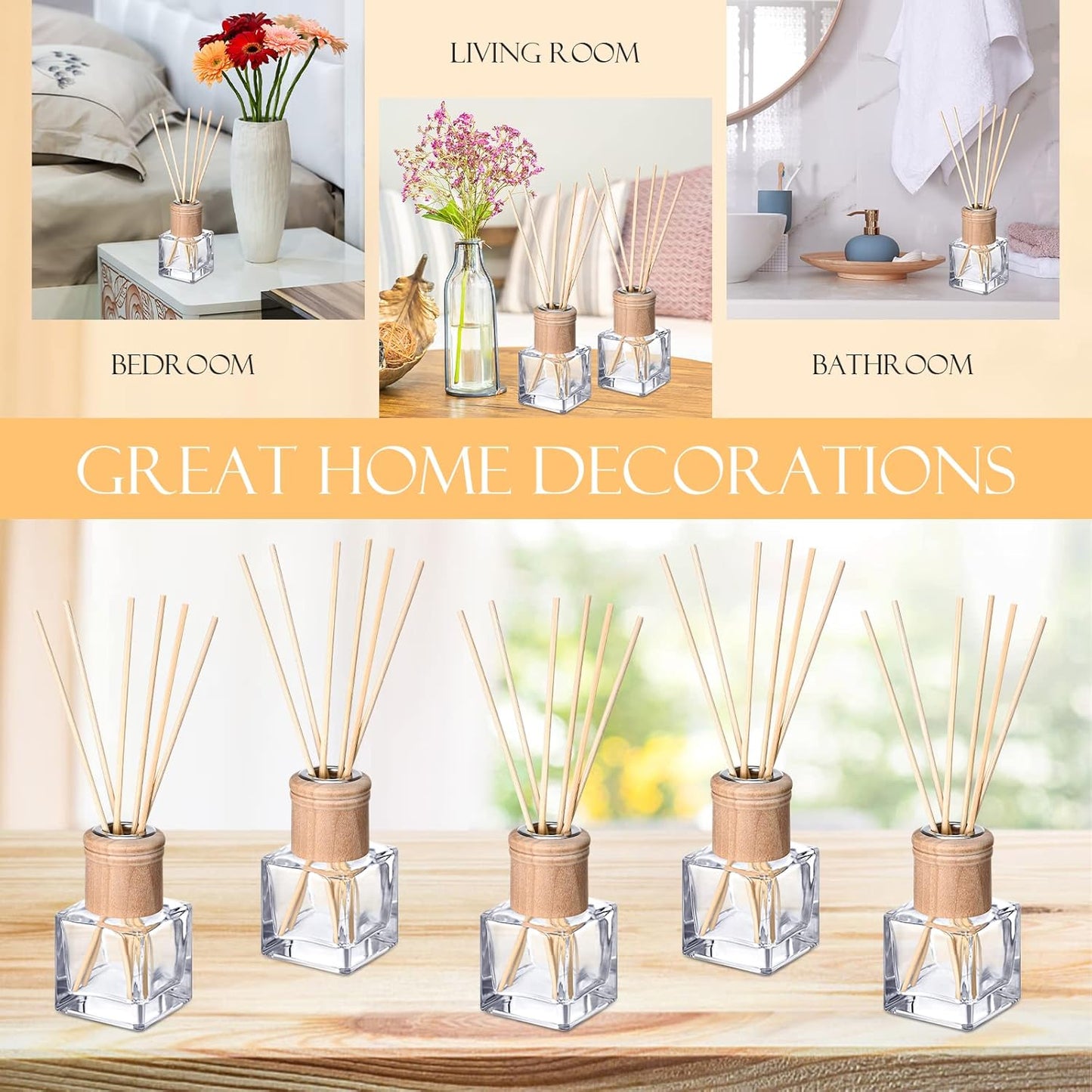 Roshtia 4 Set Reed Diffuser Bottle Empty Refillable Fragrance Glass Diffuser Bottles with Wooden Caps Rattan Sticks 50ml 1.7 oz Glass Jars for DIY Fragrance