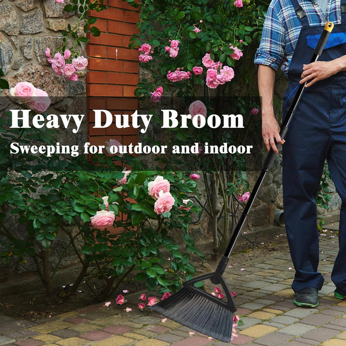 Heavy Duty Broom Outdoor and Indoor, 2 Pack Commercial Angle Brooms with Longer Handle, Perfect Black Broom for Garage, Kitchen, Courtyard, Restaurant