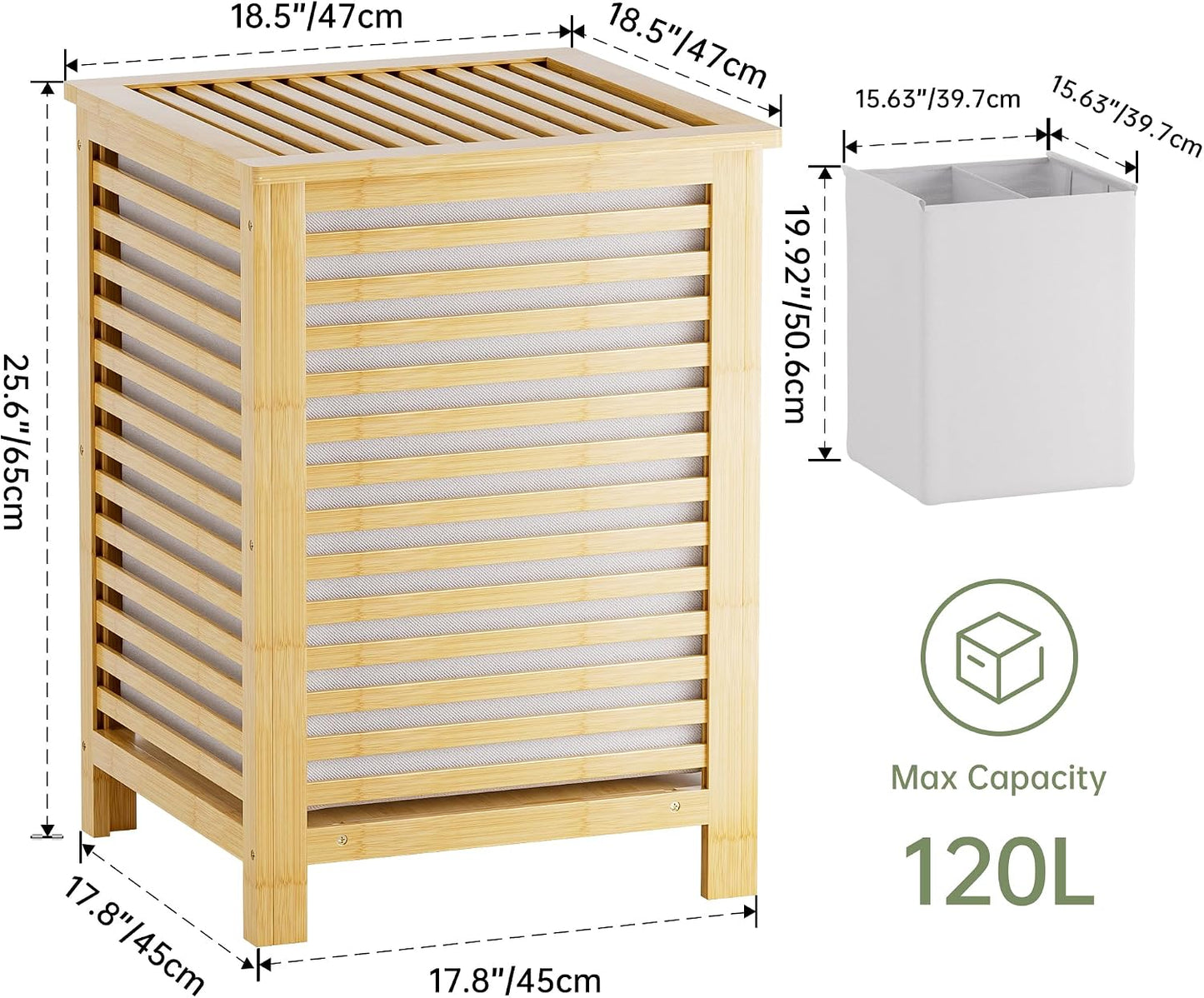 SMIBUY Double Laundry Hamper with Lid, 120L Bamboo Laundry Basket with Removable Liner Bag, 2-Section Clothes Divider Laundry Sorter for Laundry Room, Bathroom, Bedroom (Walnut)