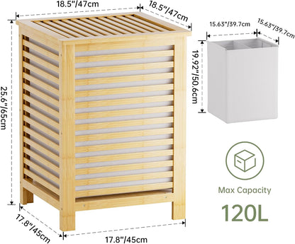 SMIBUY Double Laundry Hamper with Lid, 120L Bamboo Laundry Basket with Removable Liner Bag, 2-Section Clothes Divider Laundry Sorter for Laundry Room, Bathroom, Bedroom (Walnut)
