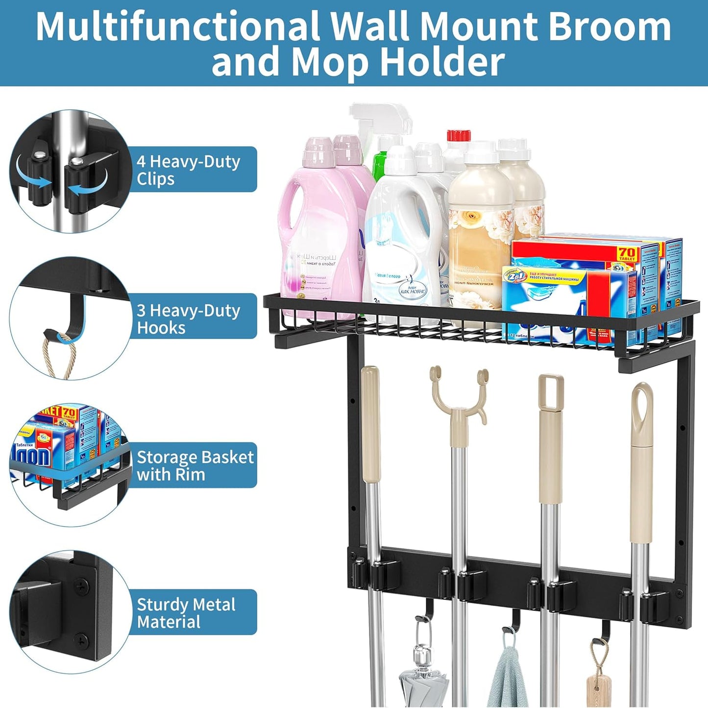 XLP Heavy Duty Broom Holder Wall Mount, All-Metal Cleaning Supplies Organizer & Mop Holder, Space Saving Wall Hanging Rack with Hooks for Home, Garage, Laundry Room - Black