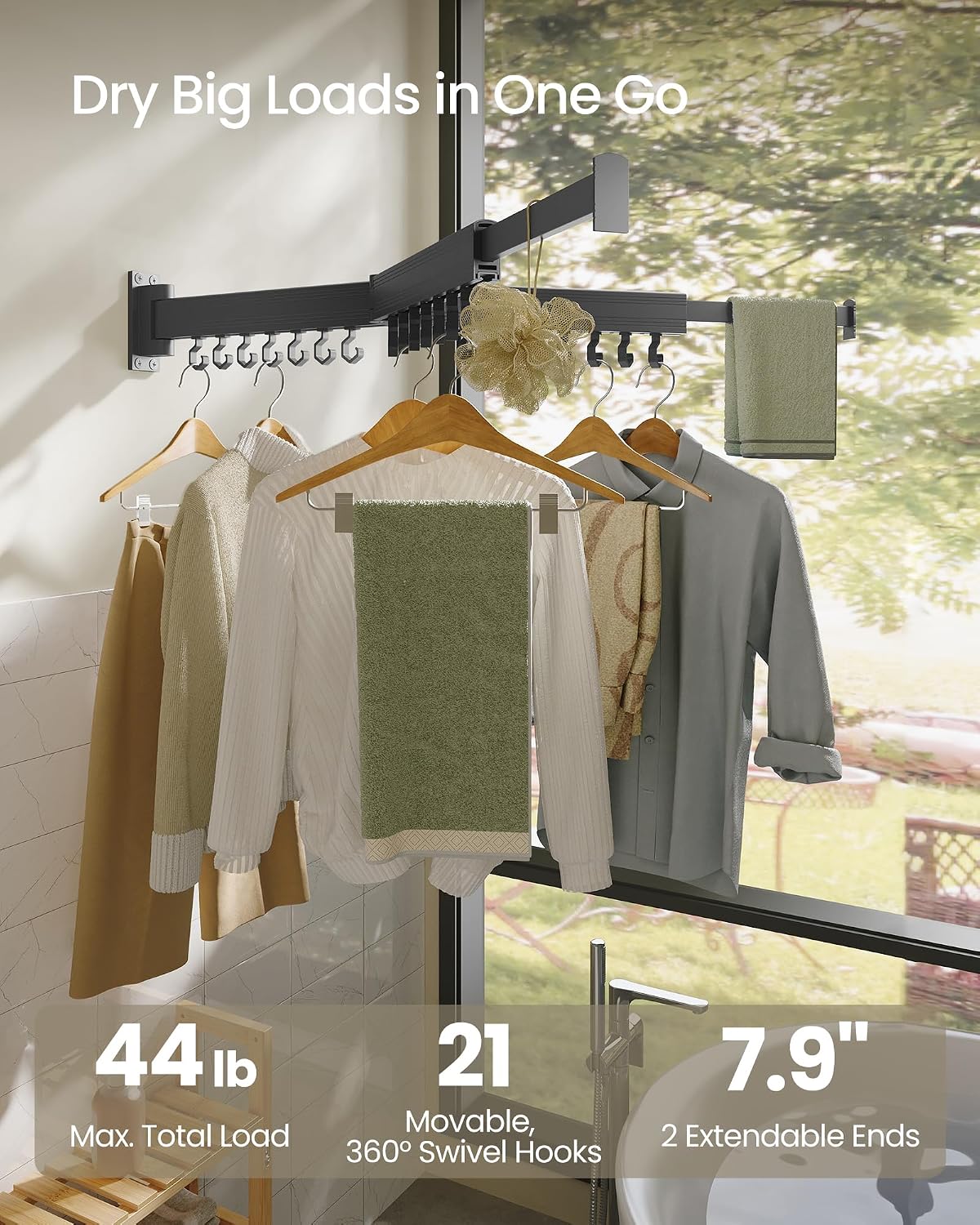 SONGMICS Clothes Drying Rack, Wall-Mounted Laundry Drying Rack, Extendable, Foldable Arms, with 21 Swivel Sliding Hooks, Space-Saving, for Laundry Room, Bathroom, Cloud White ULLR807W01