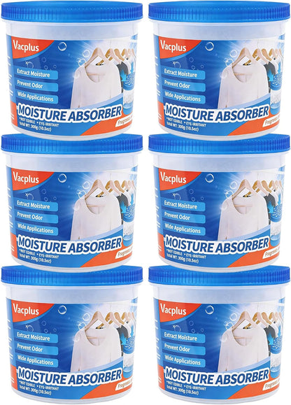 Vacplus Refillable Moisture Absorbers for Closet - Fast-Acting Crystal Dehumidifier for Bathroom, RV & Basement, 10.5 oz Humidity Absorber, 6 Pack, Fragrance Free