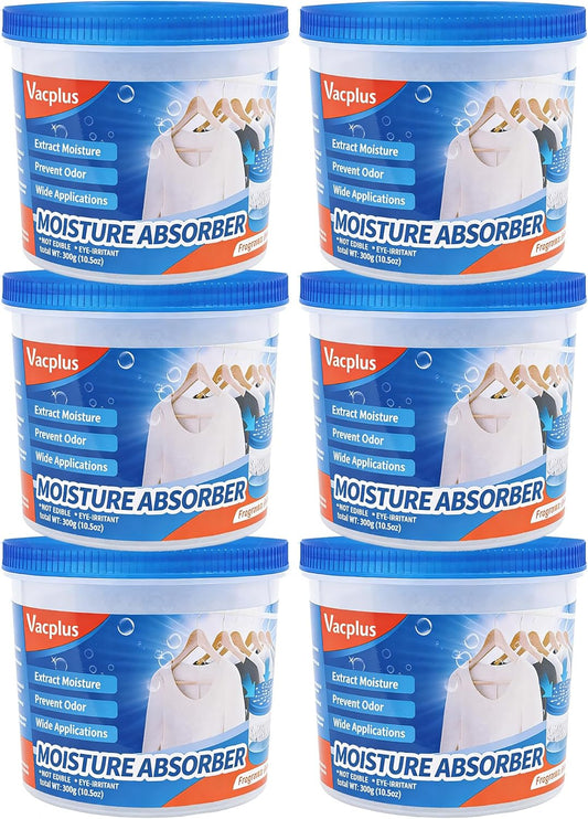 Vacplus Refillable Moisture Absorbers for Closet - Fast-Acting Crystal Dehumidifier for Bathroom, RV & Basement, 10.5 oz Humidity Absorber, 6 Pack, Fragrance Free