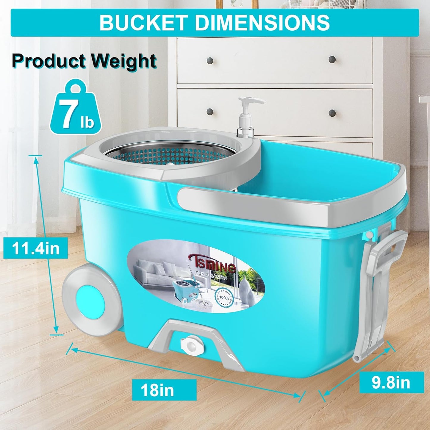 FunClean Spin Mop and Bucket,Mop and Bucket with Wringer Set for Home,360 Spinning Mopping Floor Cleaning Tool with 6 Microfiber Replacement Head Refills,61" Extended Handle, 2X Wheel - Blue