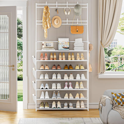 OYREL Shoe Rack, 5 Tier Shoes Storage Organizer, with Functional Hooks and Side Pocket, 20-25 Pairs, for Closet/Entrance/Entryway, Sneaker and Boot Stackable Free Standing Shoe Rack
