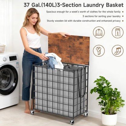 Laundry Basket with Wheels, Heavy Duty Laundry Sorter 2 Sections, 120L (32Gal.) Large Capacity Laundry Hamper with Wood Lid, 360 Rolling Wheels, Extra Side Pocket, Leather Pull Handle, Beige