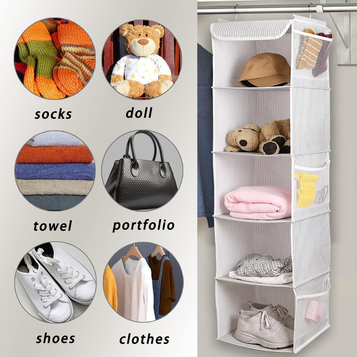 BrilliantJo 2 Pack Hanging Closet Organizer, 5 Shelves Hanging Storage with 6 Side Pockets for Clothes Shoes, 43"x12"x12"(Black)