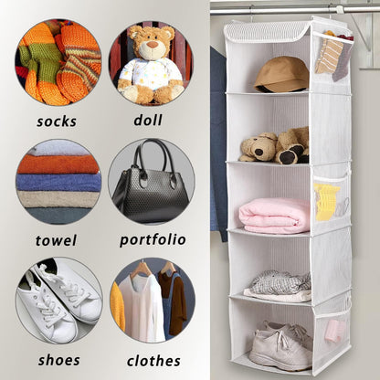 BrilliantJo 2 Pack Hanging Closet Organizer, 5 Shelves Hanging Storage with 6 Side Pockets for Clothes Shoes, 43"x12"x12"(Black)