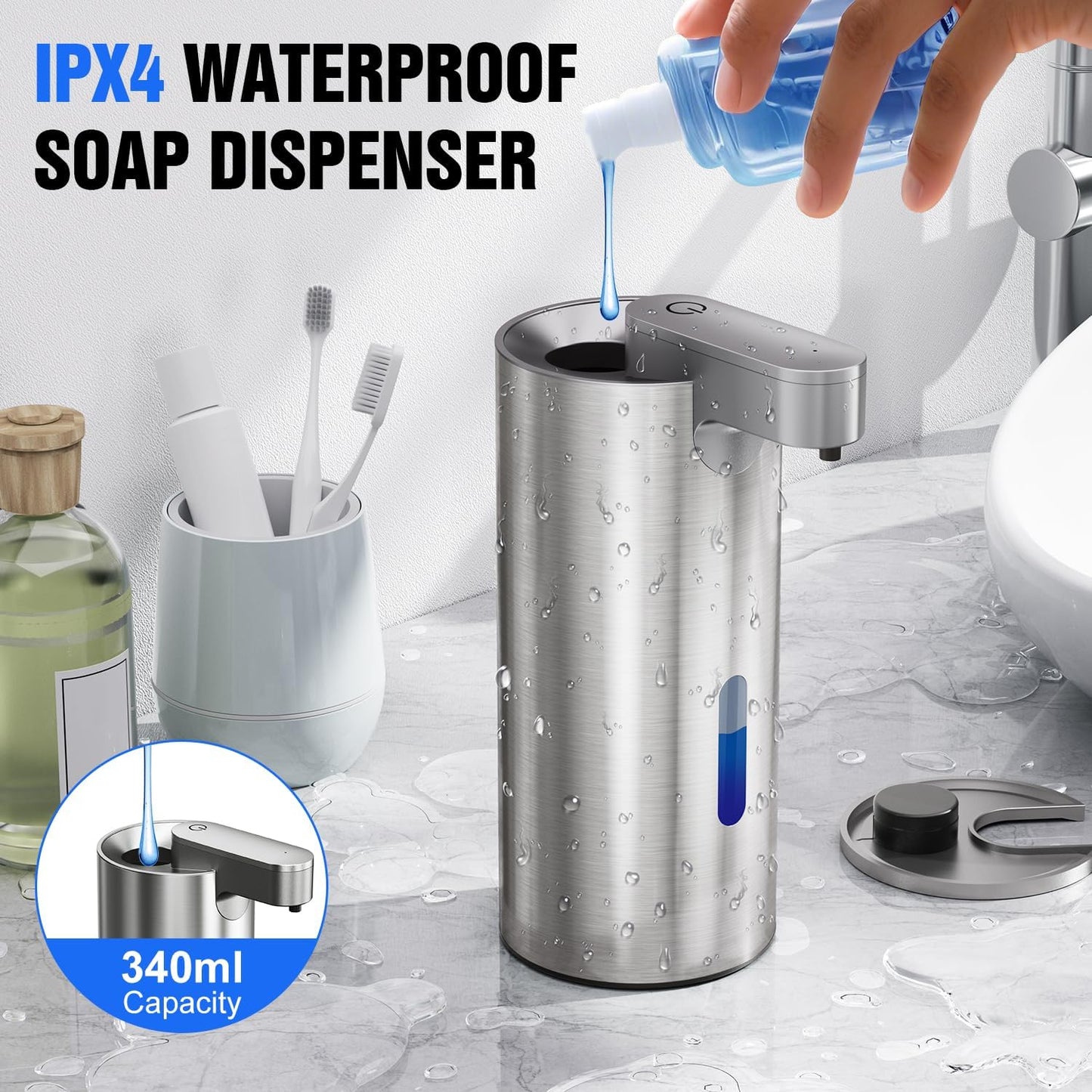 Fantictas Automatic Foaming Soap Dispenser Touchless, Stainless Steel 11.5 oz 3 Levels Adjustable Hand Soap Dispenser with Rechargeable Sensor Pump for Kitchen & Bathroom Liquid Soap