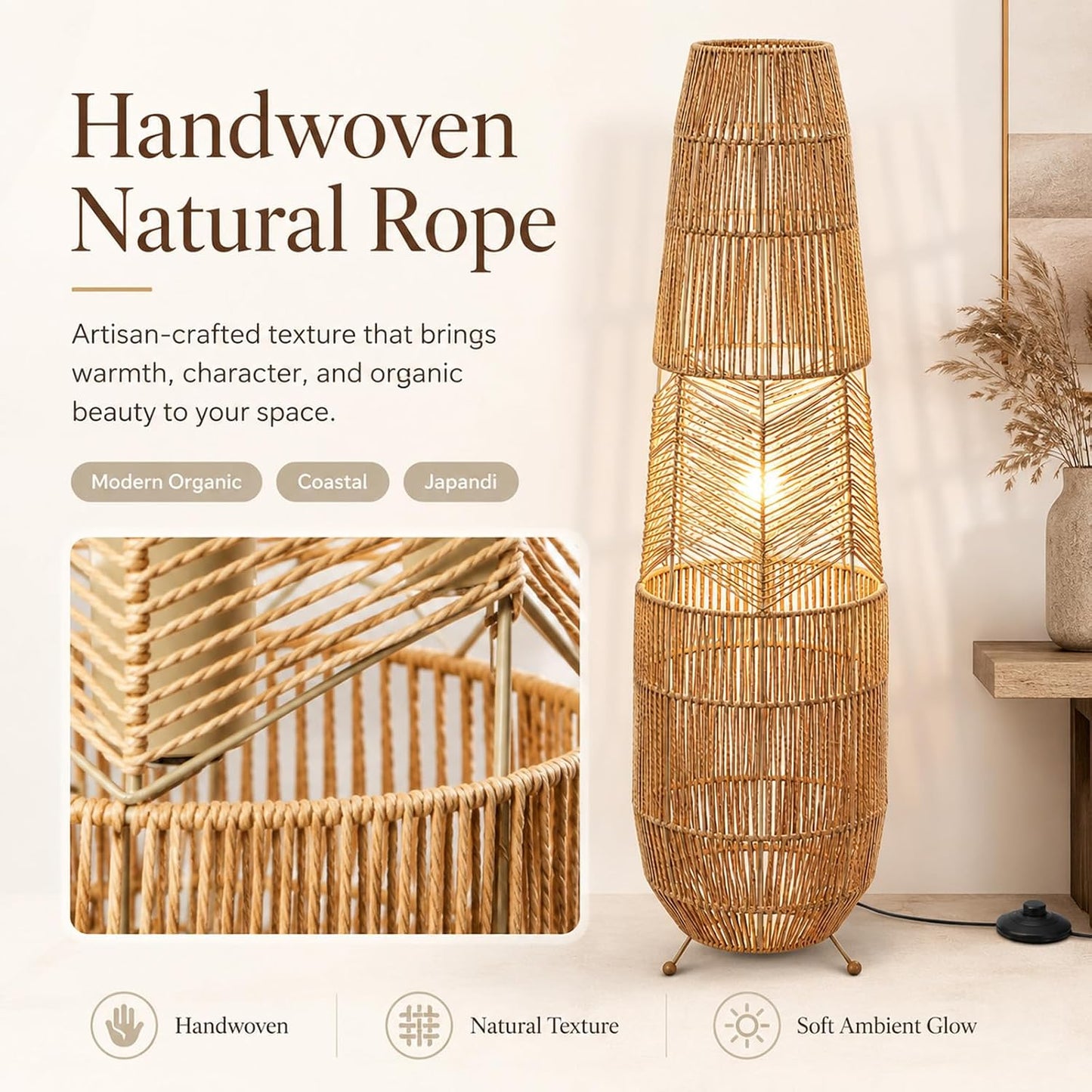 MIXL-Farmhouse Style Bamboo Floor Lamp,Large Wicker Indoor Floor Light,Boho Standing Light Plug in,Modern Minimalist Standing Lamp for Living Room Bedroom