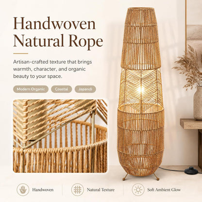MIXL-Farmhouse Style Bamboo Floor Lamp,Large Wicker Indoor Floor Light,Boho Standing Light Plug in,Modern Minimalist Standing Lamp for Living Room Bedroom