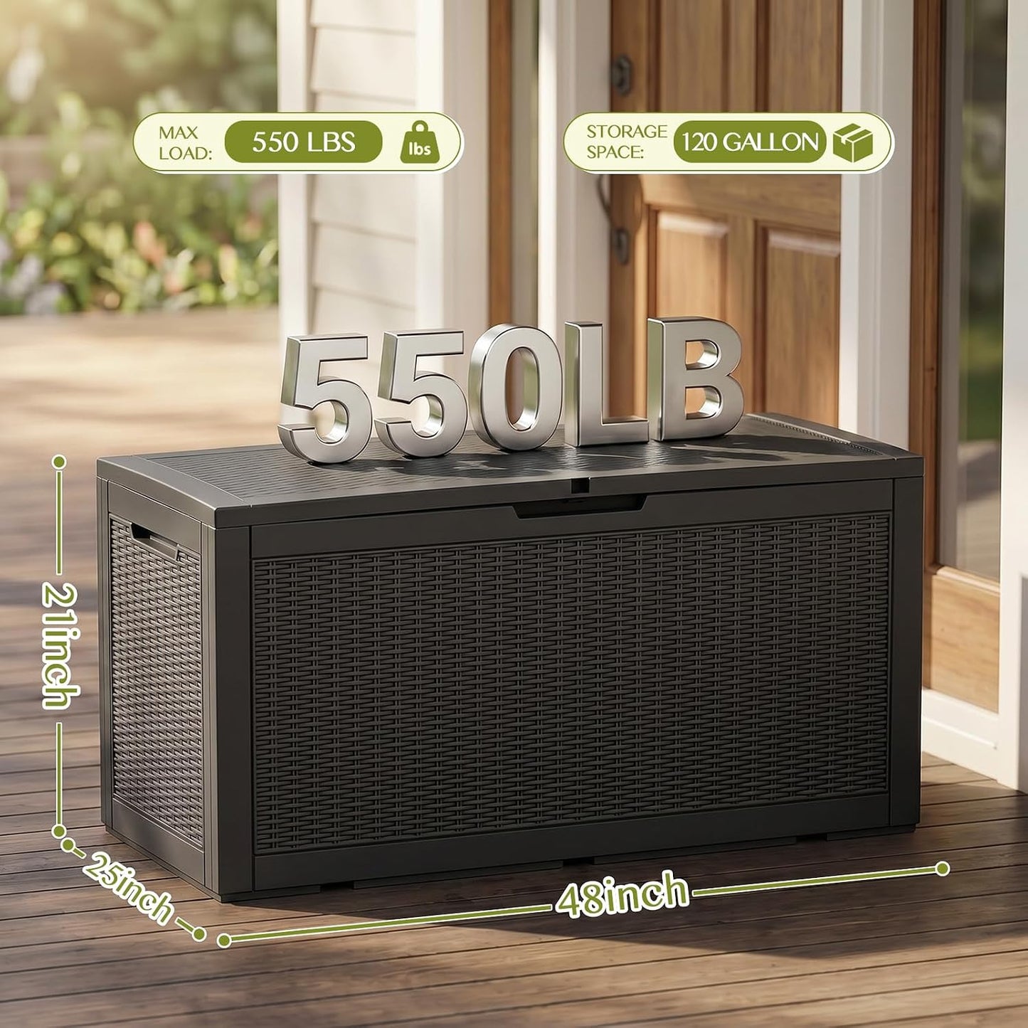 Waterproof Outdoor Storage Box Outside Deck Box Lockable Resin Bench UV Resistant Furniture Cushion Pool Tool Float Bin Patio Garden Porch (Black, 120 Gallon)