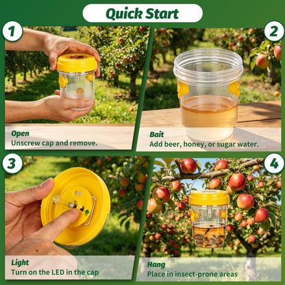 4 Pack Solar Wasp Traps Day & Night, 8-Hour All-Night Battery Life, Reusable Collector for Wasps, Hornets, Yellow Jackets, Insects, with LED Light for Patio Porch Garden Backyard (Bait NOT Included)