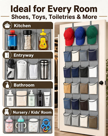 Over the Door Shoe Organizer with 24 Crystal Clear Pockets and Metal Hooks – Heavy Duty Hanging Shoe Storage Rack for Closet, Bathroom, Dorm – Space Saving for Shoes, Accessories, Toys (White)
