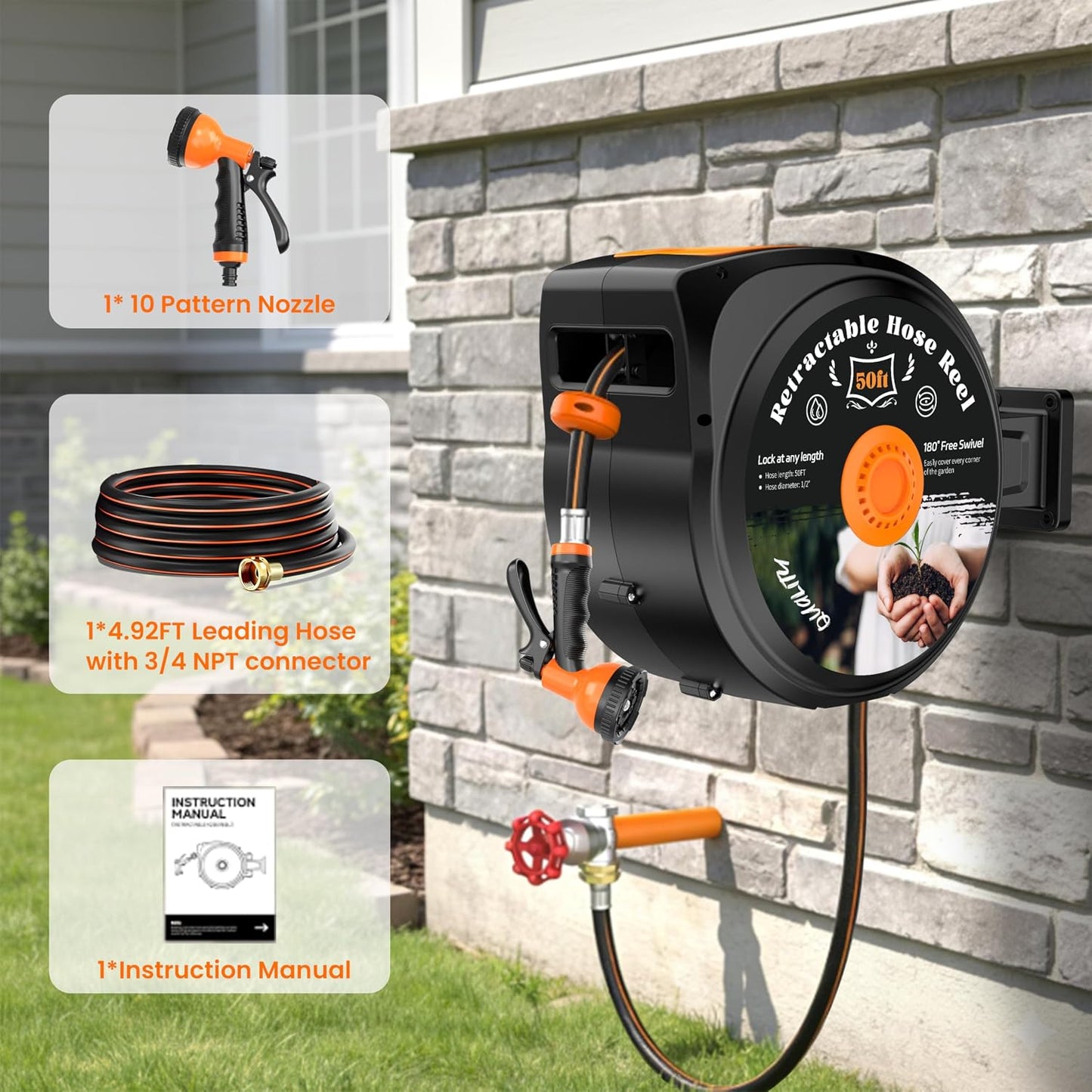 Retractable Garden Hose Reel, 1/2 in x 50 ft Wall Mounted Hose Reel | Anti-freeze 10-Function Sprayer Nozzle Any Length Lock Slow Return System 180°Swivel Bracke for Large Yard Lawn Car Washing