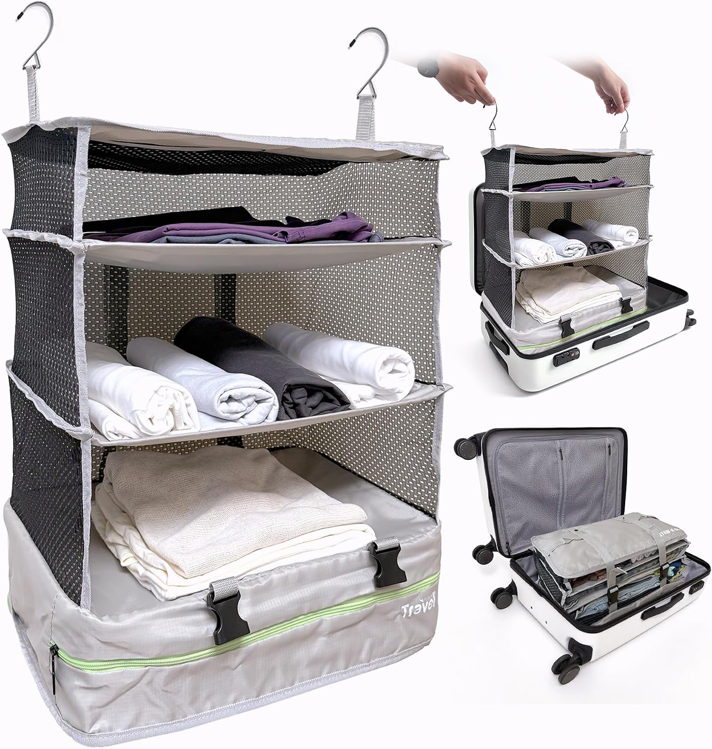 Grand Fusion Stow-N-Go Hanging Travel Shelves, Packing Organizer for Luggage. Carry on Closet for Suitcase. Expandable Packing Cube. Travel Essentials. (Black - L, L = (L) 11.8" x (W) 11.8")