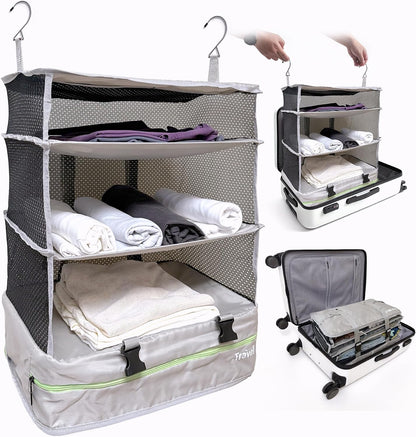 Grand Fusion Stow-N-Go Hanging Travel Shelves, Packing Organizer for Luggage. Carry on Closet for Suitcase. Expandable Packing Cube. Travel Essentials. (Black - L, L = (L) 11.8" x (W) 11.8")