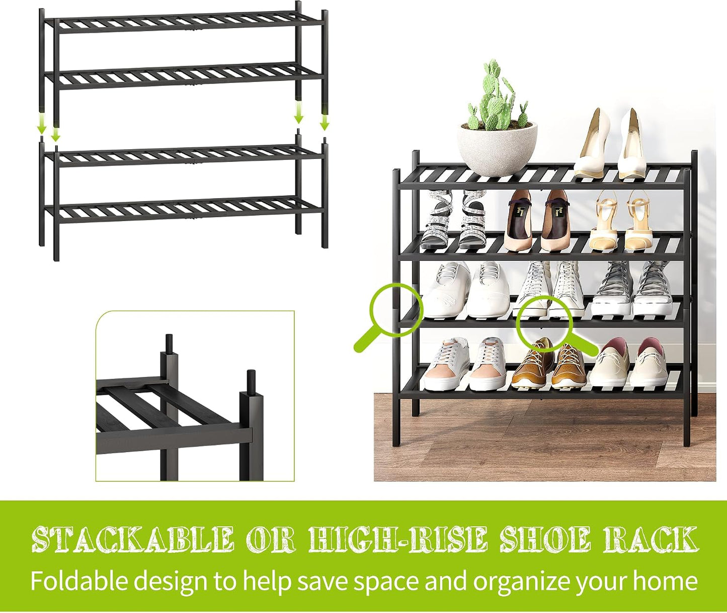BMOSU 2-Tier Bamboo Small Shoe Rack Premium Stackable Shoe Shelf Storage Organizer for Hallway Closet Living Room Entryway Organizer (Black Bamboo)