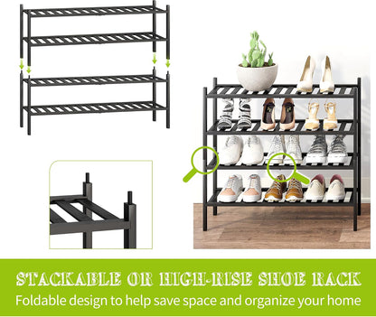 BMOSU 2-Tier Bamboo Small Shoe Rack Premium Stackable Shoe Shelf Storage Organizer for Hallway Closet Living Room Entryway Organizer (Black Bamboo)