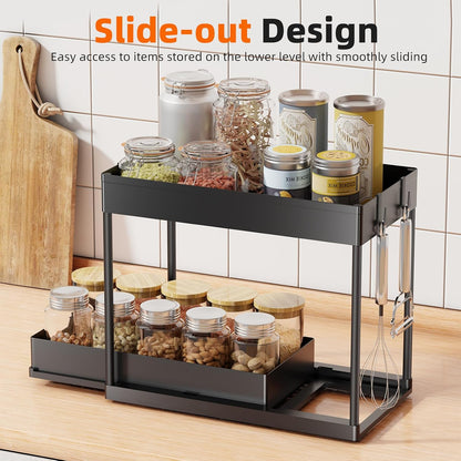 Simple Trending Under Sink Organizer 2 Pack, Sink Pull-Out Sliding Storage Cabinet, 2-Tier Under Shelf Organizer for Kitchen Bathroom, Black