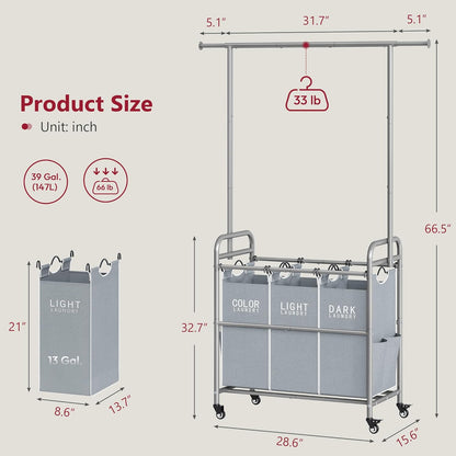Tajsoon Laundry Hamper with Hanging Rack, 3 Section Laundry Sorter with Heavy Duty Lockable Wheels, Laundry Basket Organizer for Dirty Clothes Storage, 3 Beige