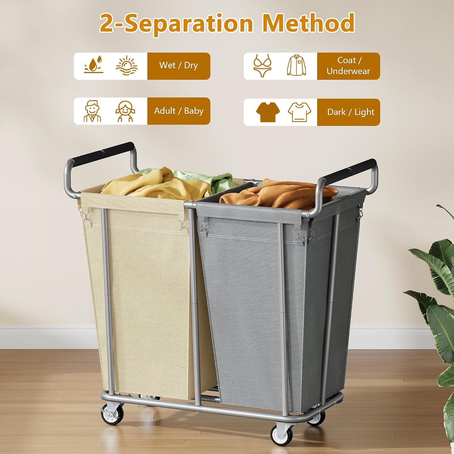 Gewudraw Large laundry hamper with Wheels, 3 Bag Big Rolling Laundry Hamper Sorter Cart, Extra Large Laundry Clothes Hamper, Heavy Duty Laundry Basket Organizer for Laundry Room,Bathroom,Black