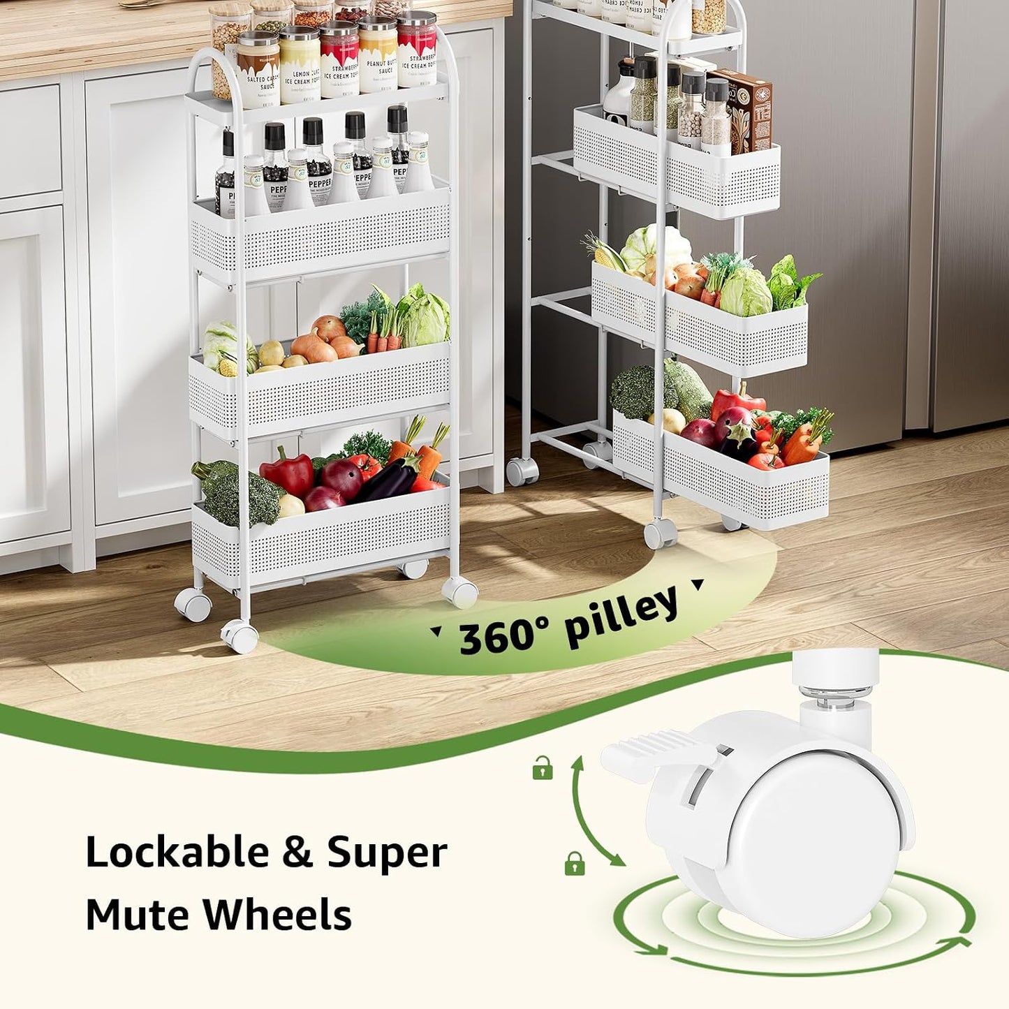KINGRACK Slim Storage Cart with Drawer, 5-Tier Rolling Utility Cart on Wheels, Narrow Metal Cart for Space Save, Easy Assembly for Kitchen Cart, Craft Cart, Laundry, Bathroom, Nursery Organizer