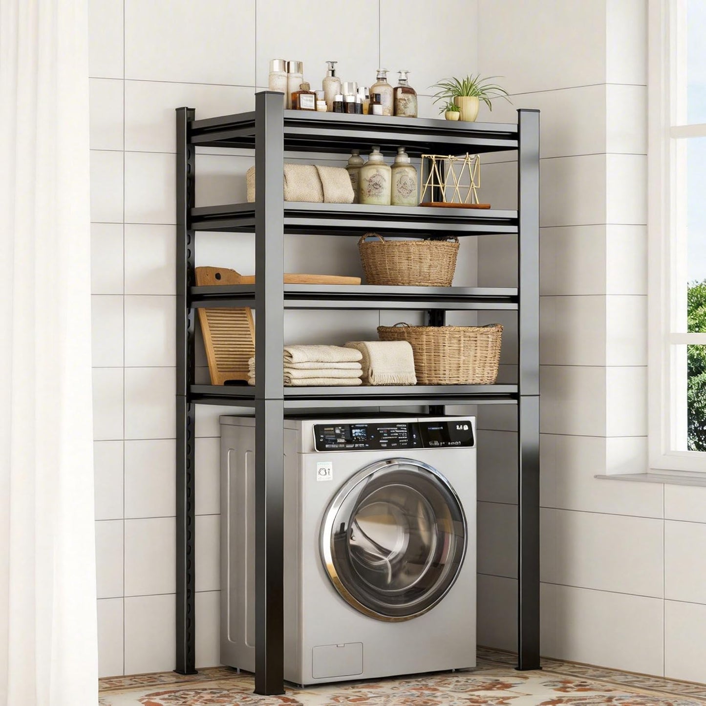 Over The Washer and Dryer Storage Shelf, Height-Adjustable 4-Tier Metal Heavy Duty Over The Washer, Organizer Rack for Washer Dryer, Laundry Room Organizer Rack, Multi-Functional Storage Shelf