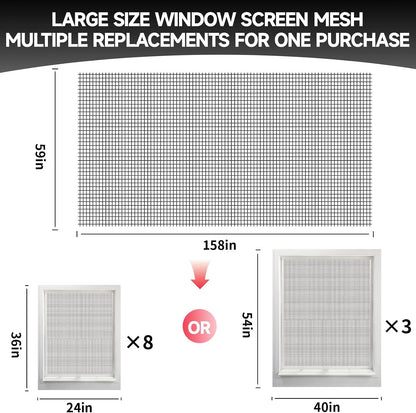 Window Screen Door Repair/Replacement Kit,48" x178" Adjustable Durable Fiberglass Window Screen Mesh,with Spline/Roller/Hook/Clips Screen Door Repair Kit,DIY Window,Porch Sliding Door(Black)