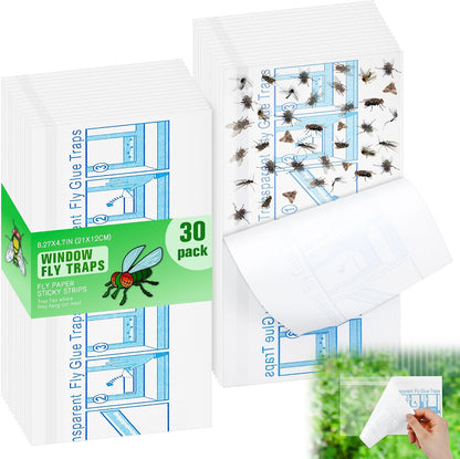 Qualirey 30 Pack XL Window Fly Traps for Indoors, Extra Large Fly Paper Sticky Strips, Waterproof & Non Toxic Clear Sticky Traps for Windows, Bug Catcher for House, Kitchen and Office(15"×3")