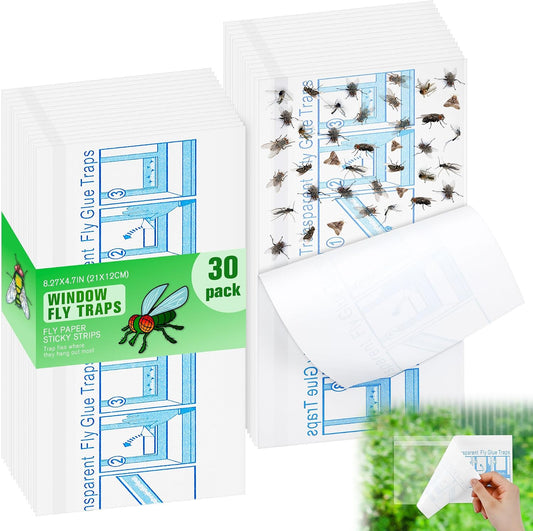 Qualirey 30 Pack XL Window Fly Traps for Indoors, Extra Large Fly Paper Sticky Strips, Waterproof & Non Toxic Clear Sticky Traps for Windows, Bug Catcher for House, Kitchen and Office(15"×3")