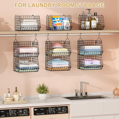 X-cosrack 6 Tier Closet Hanging Organizer, Clothes Hanging Shelves with 4 Hanging Hooks 5 S Hooks, Wire Storage Basket Bins, for Clothing Sweaters Shoes Handbags Clutches Accessories Patent