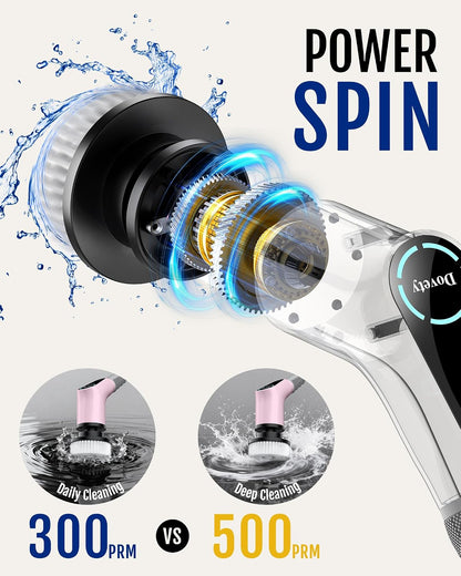 Dovety Electric Spin Scrubber, Shower Scrubber, Power Cleaner Tools with 8 Replaceable Brush Heads, Cleaning Brush with Extension Handle, 2 Adjustable Speeds, 90Mins Work Time for Home Bathtub-White