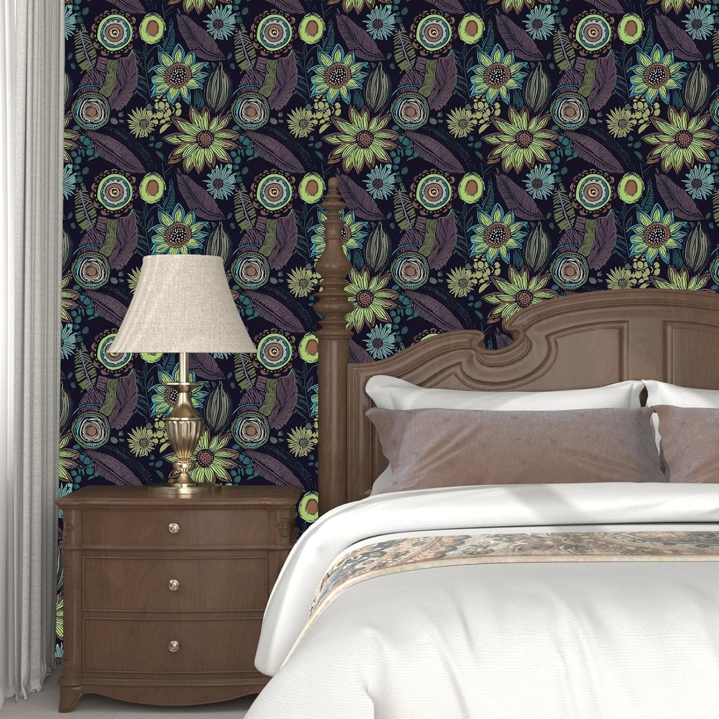 Blue Wallpaper Peel and Stick,Vintage Boho Floral Contact Paper 17.5" x 118", Retro Botanical Flower Wall Paper Self Adhesive Removable Waterproof for Walls Shelves Cabinet Table (Blue,Yellow, Green)