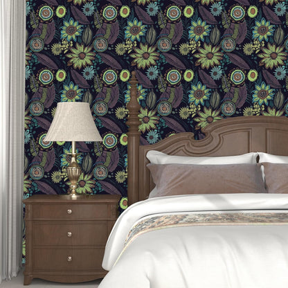 Blue Wallpaper Peel and Stick,Vintage Boho Floral Contact Paper 17.5" x 118", Retro Botanical Flower Wall Paper Self Adhesive Removable Waterproof for Walls Shelves Cabinet Table (Blue,Yellow, Green)