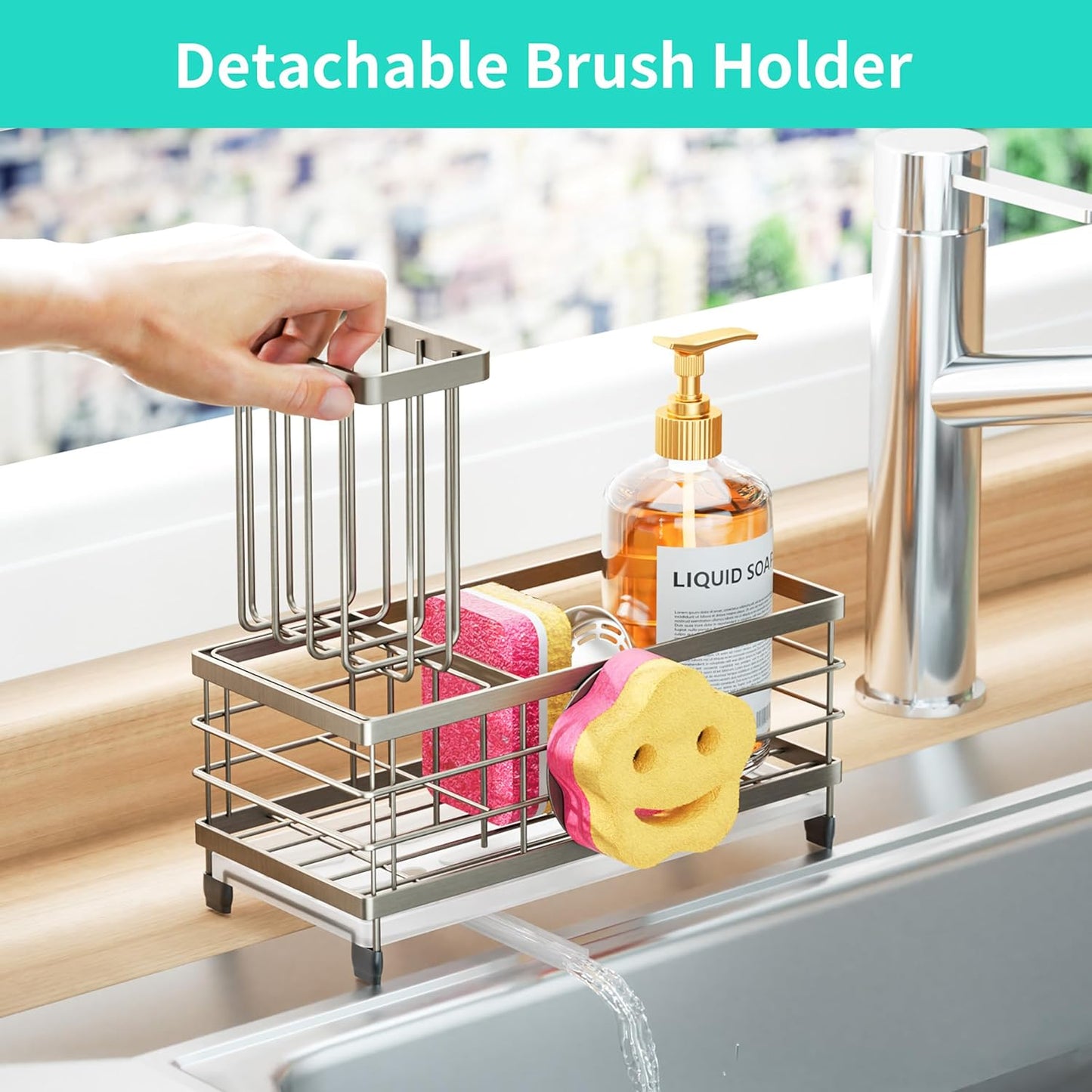 HapiRm Sponge Holder for Kitchen Sink - Self-draining Sink Caddy with Brush and Dishcloth Holders, Stainless Steel Kitchen Countertop Organizers and Storage Essentials - Black