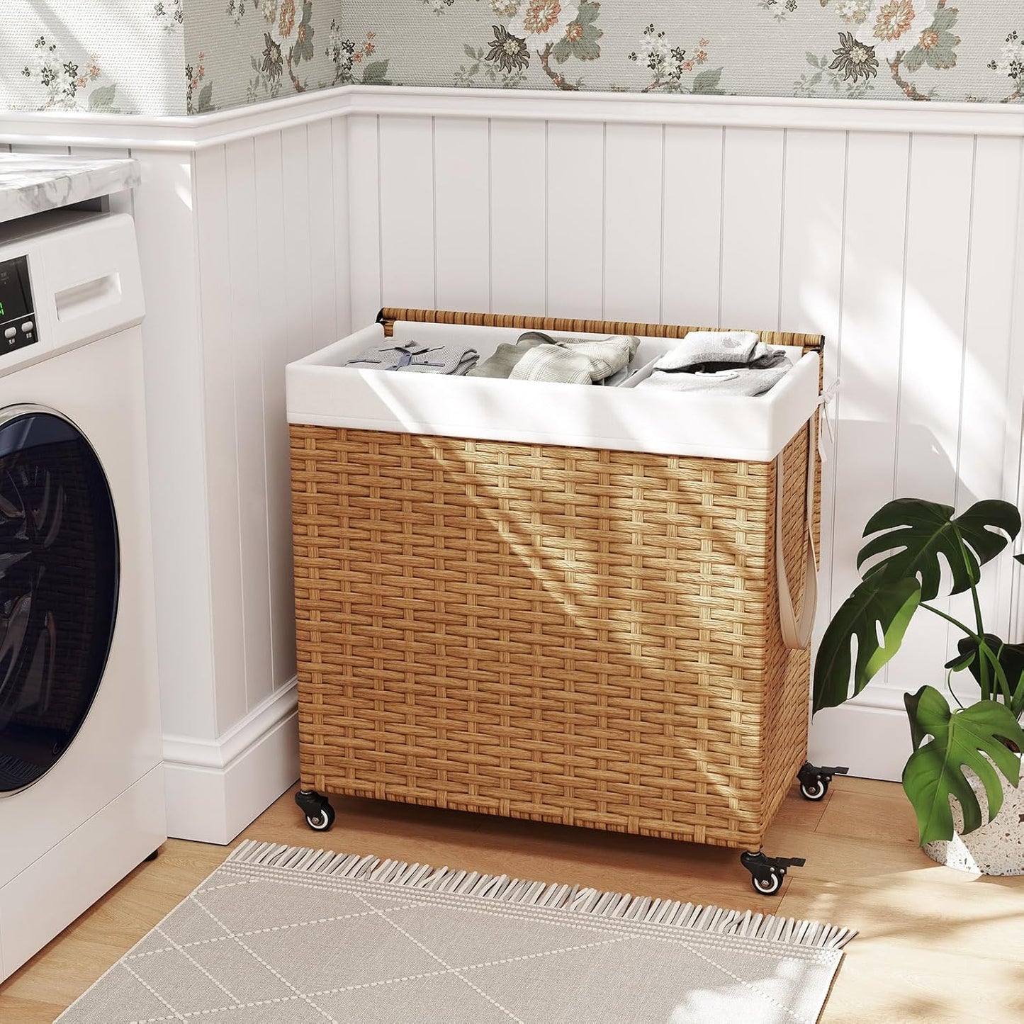 GOFLAME Laundry Hamper with Lid and Wheels, 125L Hand Woven Rattan Laundry Basket with 3 Divided Sections, Handles, 2 Removable and Washable Liner Bags, Dirty Clothes Hamper for Bedroom (Natural)