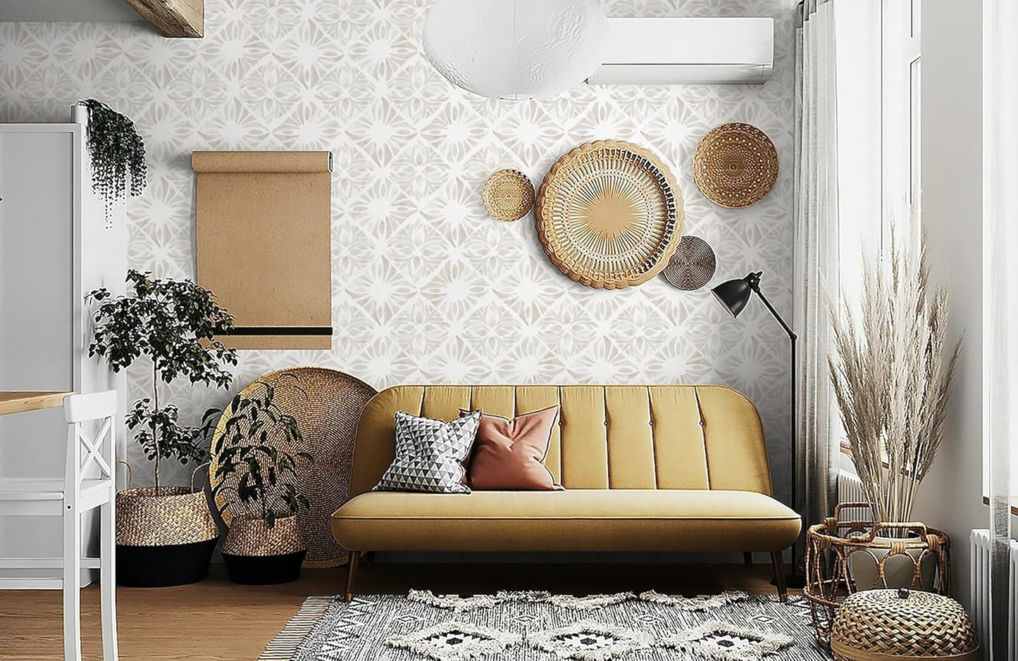 Boho Wallpaper Neutral Peel and Stick Wallpaper 78.7"x17.3" Geometric Wall Paper Beige and White Contact Paper Textured Removable Vinyl Waterproof for Bedroom Farmhouse Kitchen Bathroom