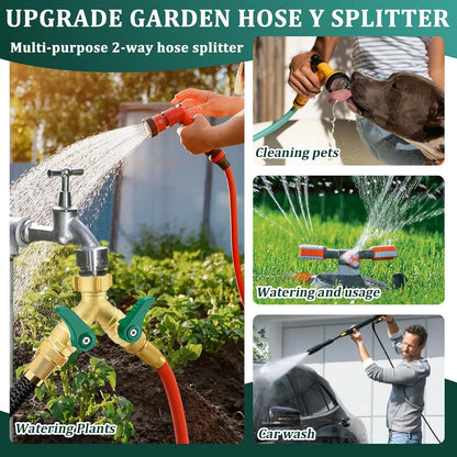 Garden Hose Splitter 2 Way, Heavy Duty Brass Hose Splitter, 3/4" GHT Hose Y Splitter with Shutoff, Full Flow Outdoor Faucet Splitter, Water Hose Y Valve Tap Adapter