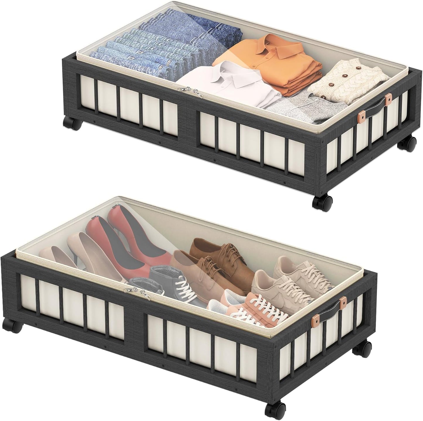efluky 2-Pack Bamboo Under Bed Storage with Wheels, Rolling UnderBed Storage Basket with Large Dust Bag, Under Bed Storage Containers for Bedroom, Dorm and Basement, Nature
