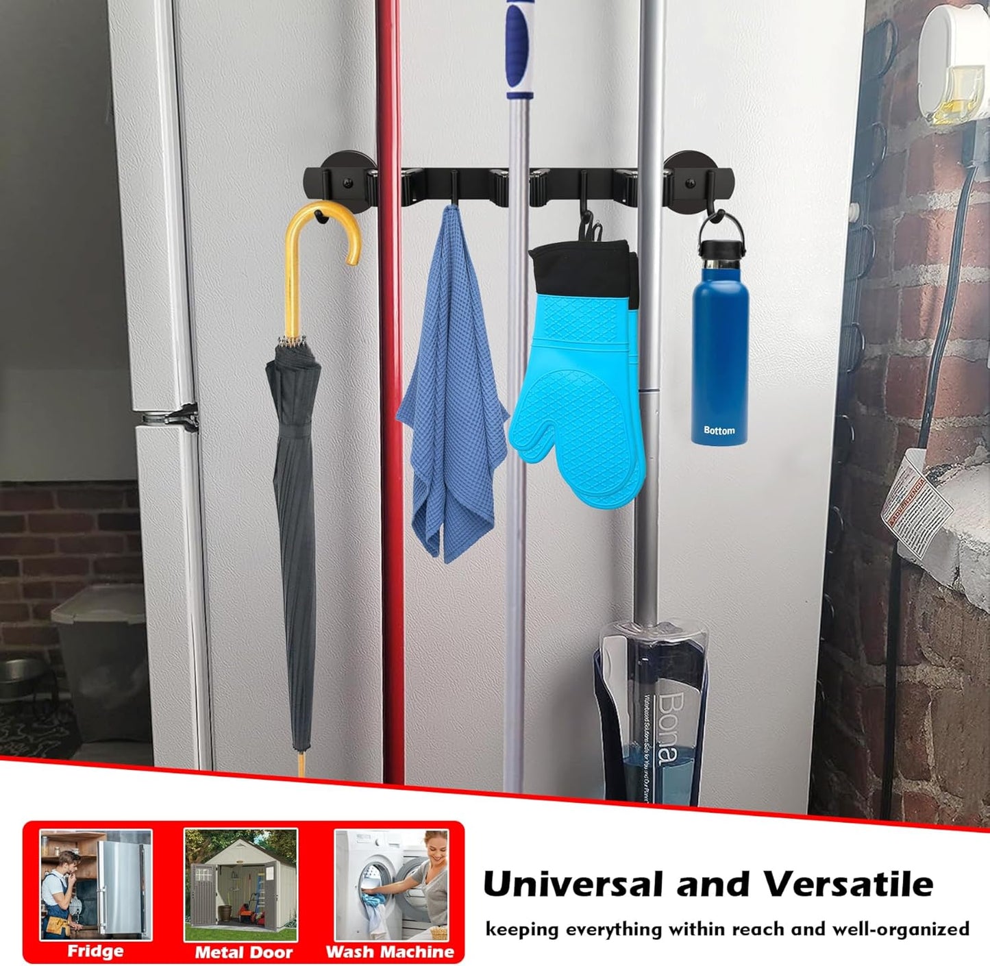 MUTUACTOR Heavy Duty Magnetic Broom Holder,Anti-slip Magnetic Tool Rack with Top Utility Shelf, Easy Assembly Broom Mop Organizer for Refrigerator Metal Cabinet Laundry Room Kitchen,3-Clamps 4-Hooks