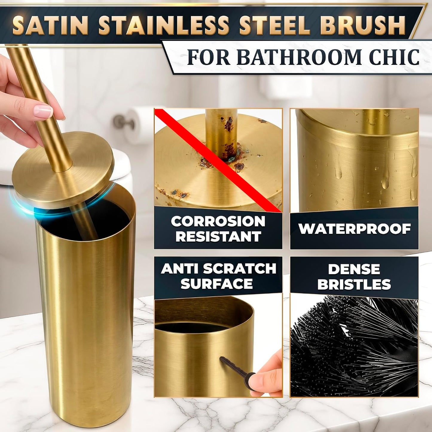 Black Toilet Brush and Holder Set - Slim Matte Design that Fits Anywhere - Stainless Steel Toilet Bowl Brush and Holder with 2 Rounded Corners, Replaceable Head, Removable Inner Bowl & Splash Guard