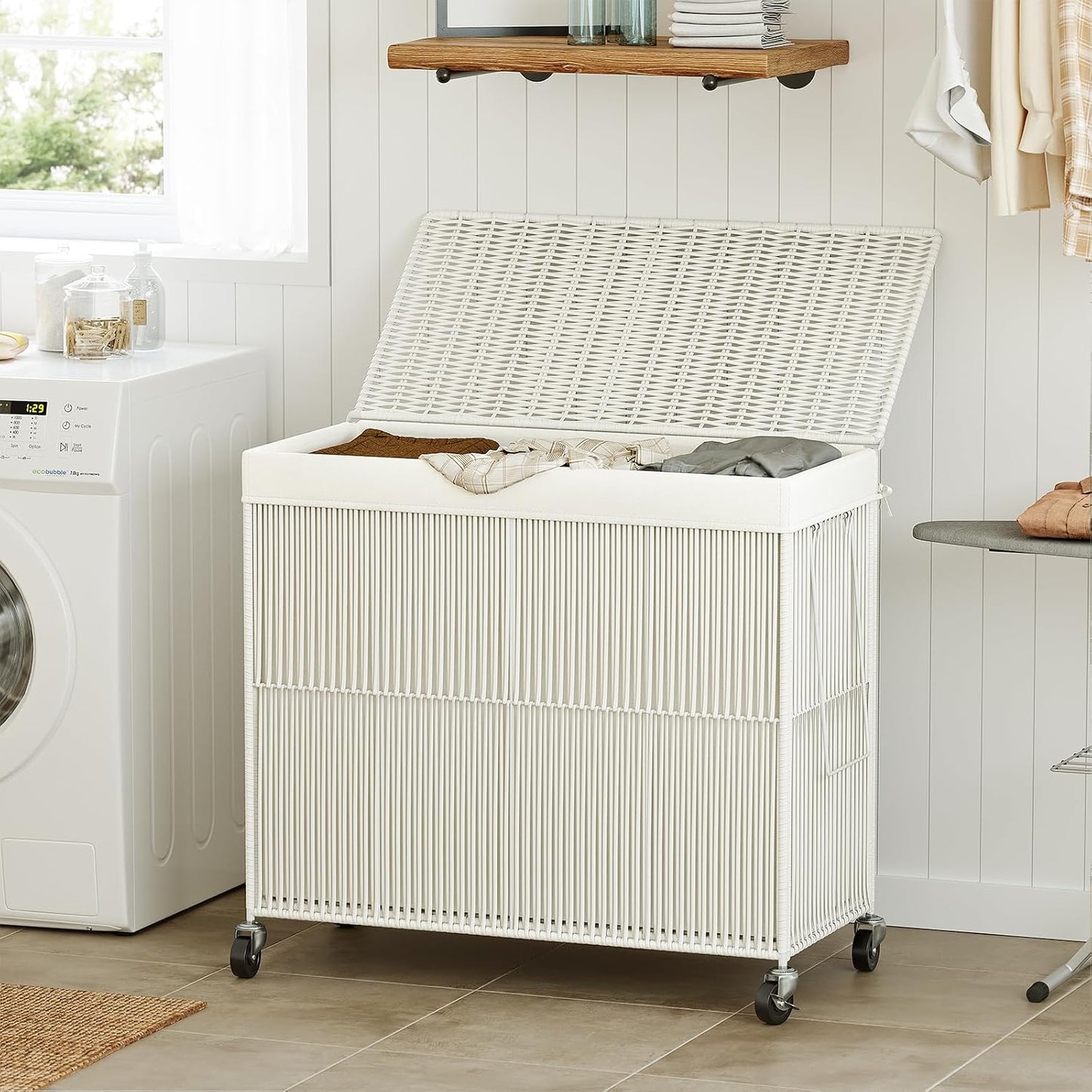 WOWLIVE Laundry Hamper with Wheels, 160L Handwoven Rolling Laundry Basket 3 Section with Lid, Clothes Hamper with Removable Liner Bags, Large Capacity Laundry Sorter Laundry Room Organization, Natural