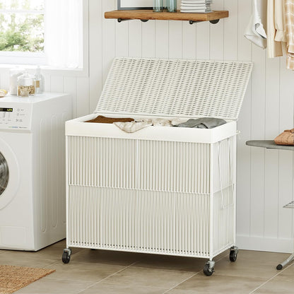 WOWLIVE Laundry Hamper with Wheels, 160L Handwoven Rolling Laundry Basket 3 Section with Lid, Clothes Hamper with Removable Liner Bags, Large Capacity Laundry Sorter Laundry Room Organization, Natural