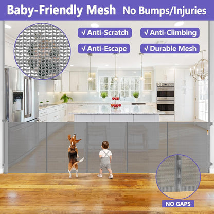 Newly Enhanced - 42" Tall × 120" Extra Wide Retractable Baby Gate Keeps Pets from Getting Under Tall Dog Gate, Indoor/Outdoor Baby Gates for Dogs, Retractable Dog Gate for Large Openings, White