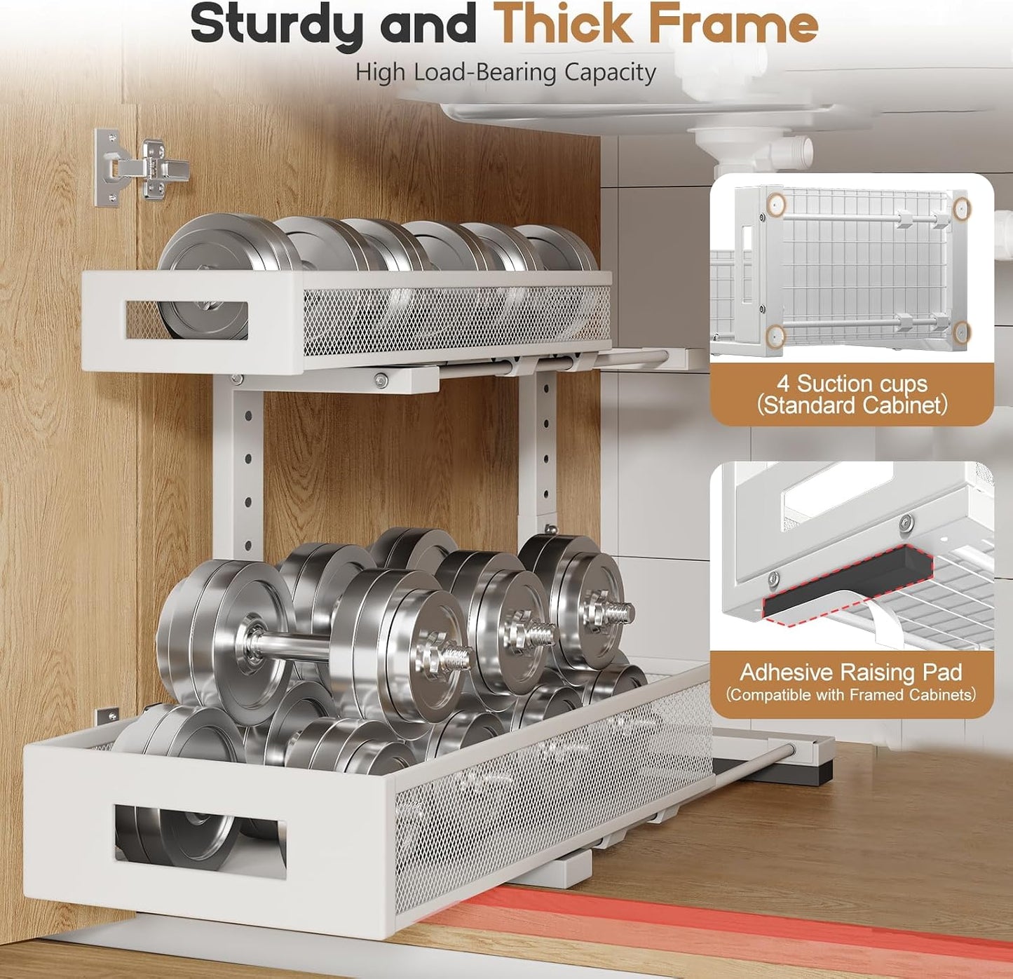 2-Pack Under Sink Storage Organizer, Large 2-Tier Elegant Mesh Pull Out Shelf for Kitchen and Bathroom Cabinet Organization, L-Shaped and Adjustable Height Design,Patent Pending-Black