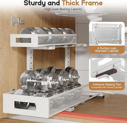 2-Pack Under Sink Storage Organizer, Large 2-Tier Elegant Mesh Pull Out Shelf for Kitchen and Bathroom Cabinet Organization, L-Shaped and Adjustable Height Design,Patent Pending-Black