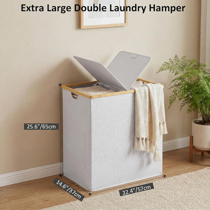 efluky Laundry Hamper with Lid, Trio Laundry Basket with 2 Removable Bags, 3 Section Laundry Bin with Bamboo Handles for Bathroom, Bedroom & Laundry Room, 160L (42.3 Gallon) Beige