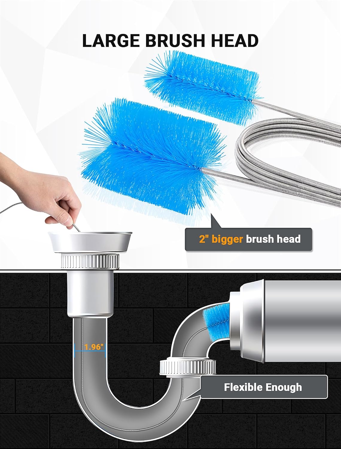 SARDVISA Flexible Long Drain Brush Tool with Large Double Elastic Nylon Ends, Stainless Steel Tube Cleaner Brush for Kitchen, Sink, Drain Pipe, and Long Pipe Cleaning, 2 Straw Cleaning Brushes
